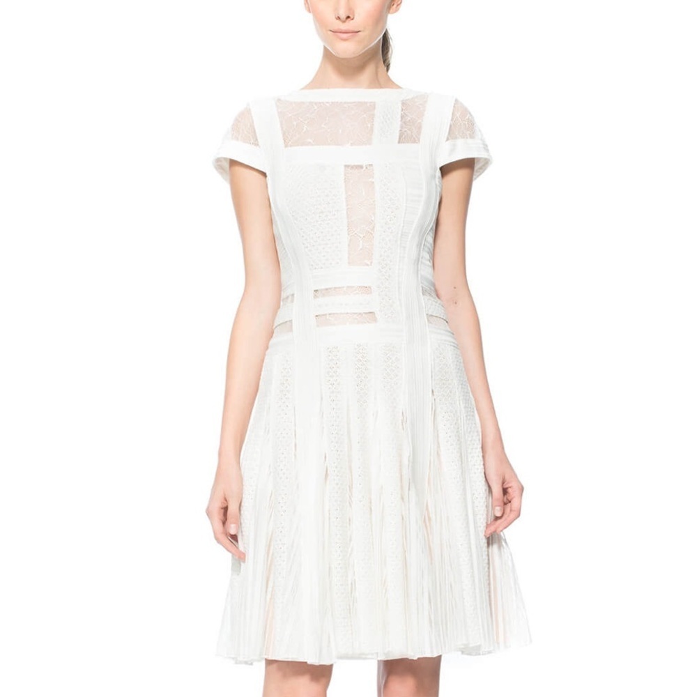 Tadashi Shoji Cotton Crochet And Sheer Lace Collage Dress 0